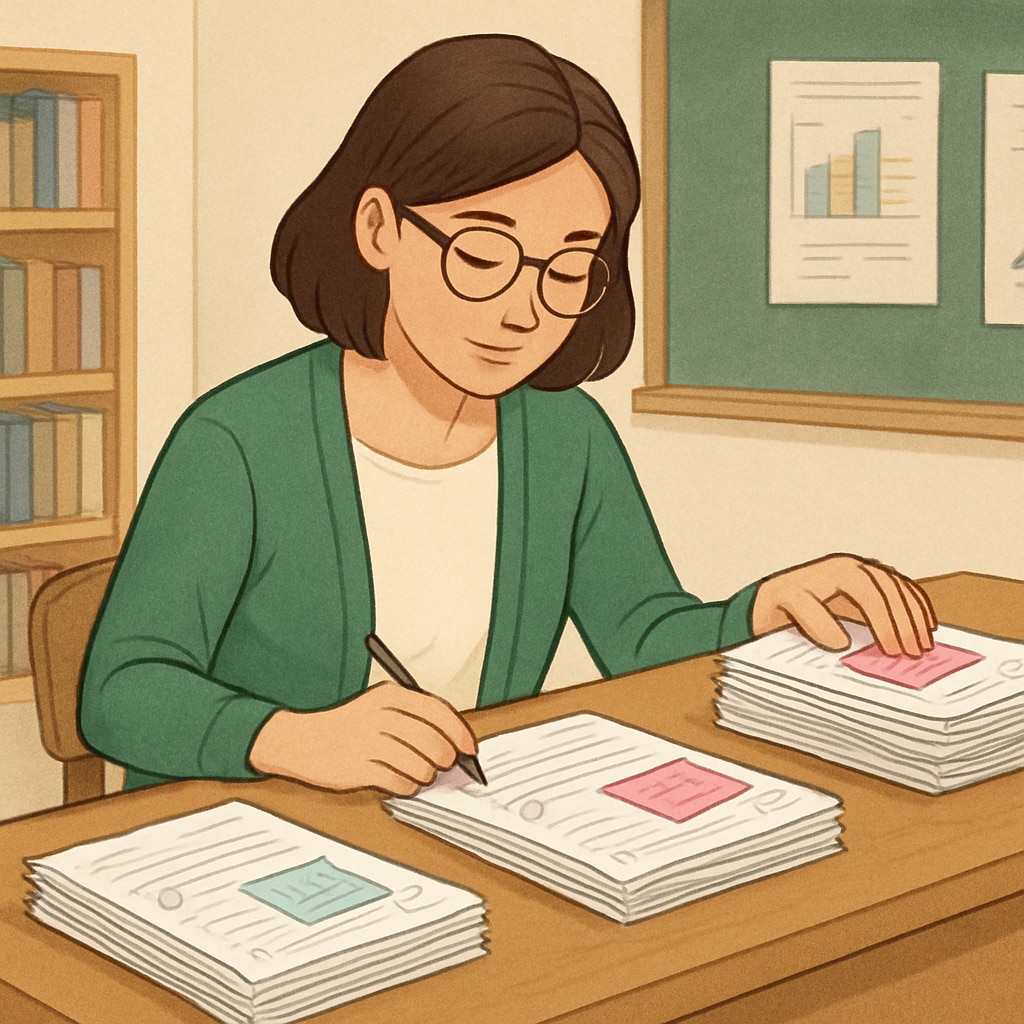 Teacher at wooden desk reviewing stacks of differentiated homework papers with colorful feedback sticky notes Educator evaluating homework assignments in the ongoing pedagogy debate