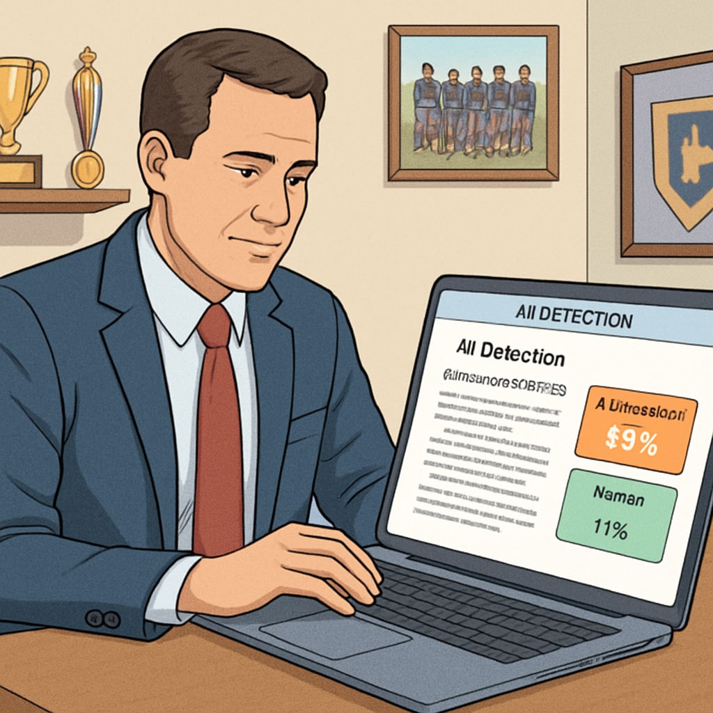 College coach in athletic office reviewing a student-athlete's paper on a laptop showing AI detection software interface AI cheating detection software analyzing student-athlete's academic work