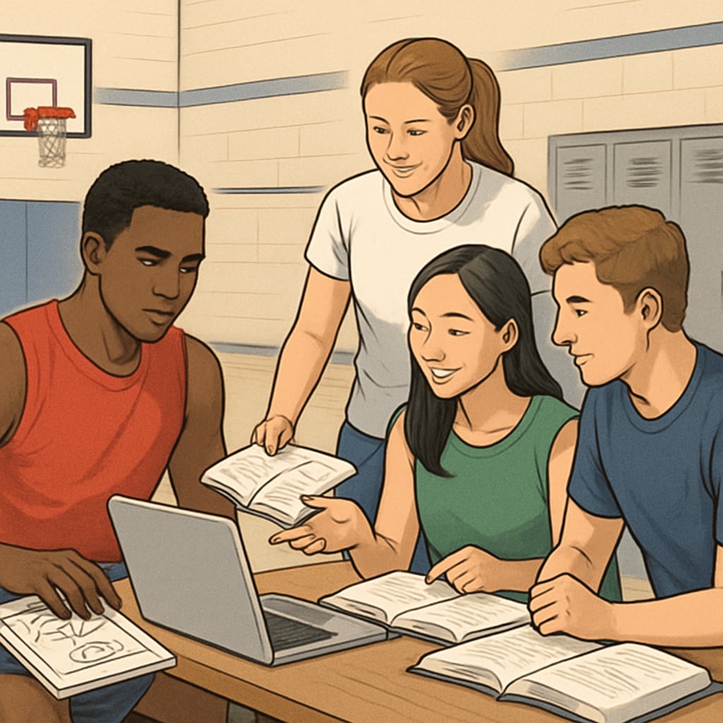 Diverse group of student-athletes studying in athletic facility, one reviewing playbook while working on laptop Student-athletes balancing academics and sports commitments