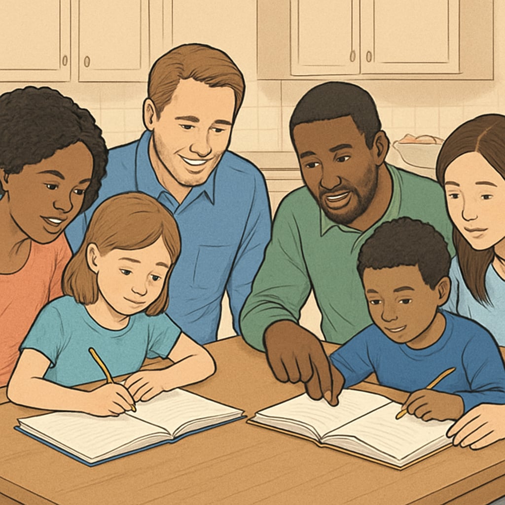 A diverse group of parents helping children with homework at a kitchen table, symbolizing family involvement in education Parents and children engaged in learning activities for child tax credit education policy