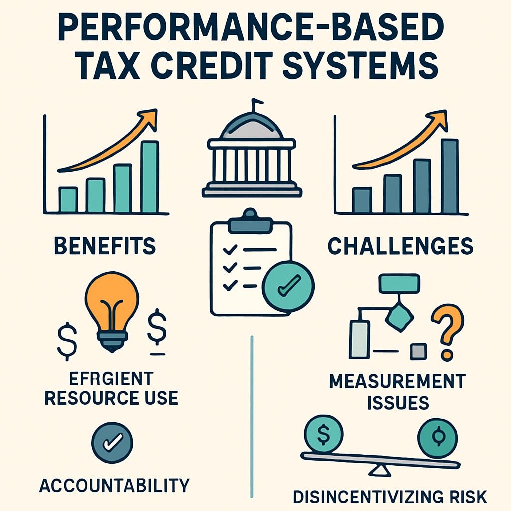 An infographic showing potential benefits and challenges of performance-based tax credit systems Education tax credit system infographic with pros and cons analysis