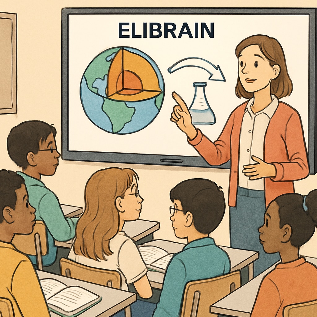 Diverse group of middle school students observing as their teacher demonstrates ELIBRAIN's interactive whiteboard features during a science lesson ELIBRAIN education tool in classroom user experience
