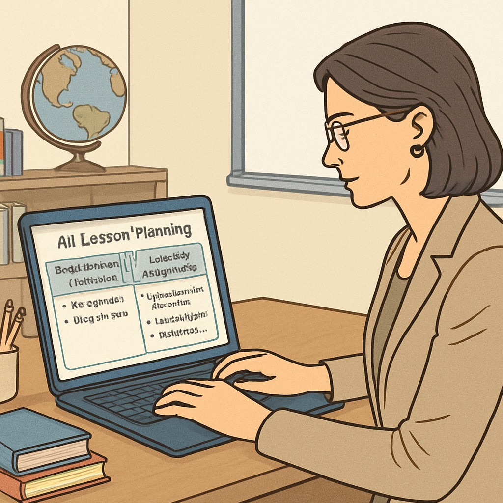 Teacher using AI lesson planning software on laptop with visible time-saving features and automated suggestions AI education tools for teacher time management