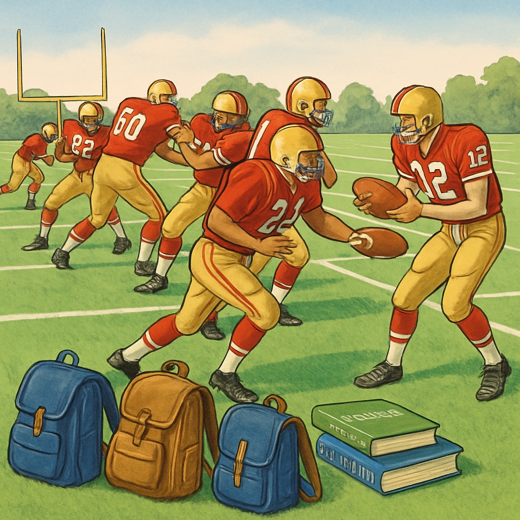 College football team practicing on field with backpacks and textbooks visible on sidelines Football student-athletes balancing sports and academics