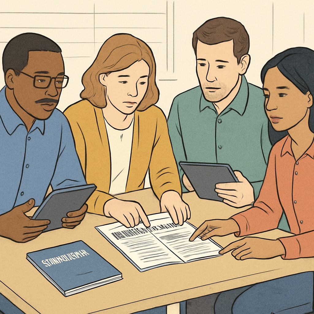 A diverse group of teachers reviewing enrollment brochures and digital tablets during a planning session at a school table Charter school teachers discussing enrollment campaigns to address work pressure
