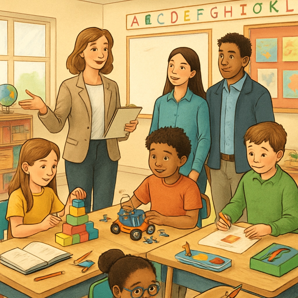 A professional educator giving a classroom tour to prospective parents while students work on projects Teacher balancing recruitment duties and instruction in charter school setting