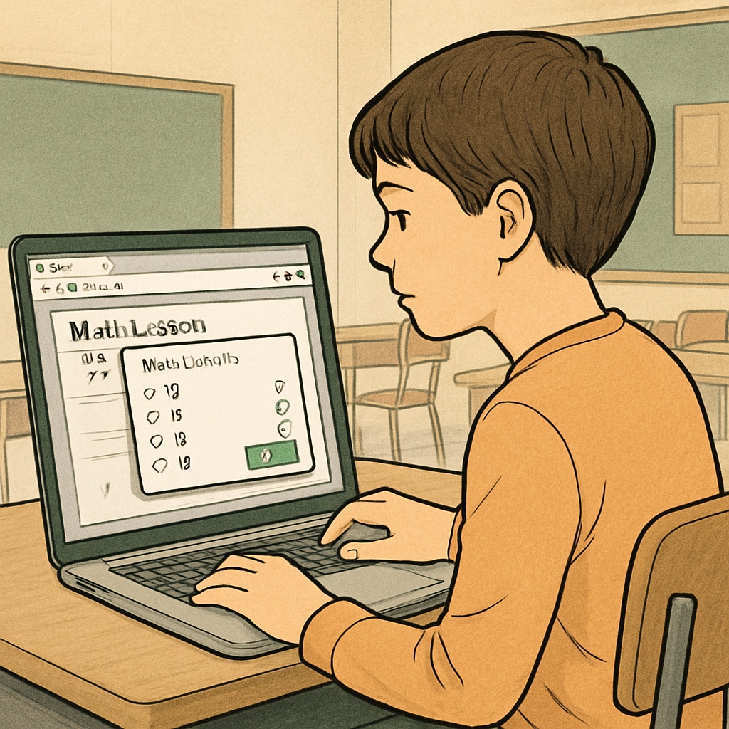A middle school student using a laptop with the browser extension visible, showing interactive quiz pop-ups during an online math lesson Interactive learning tool browser extension in use during online class