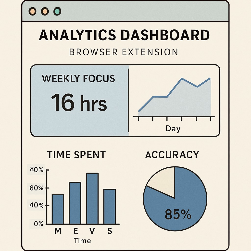 Screenshot of the extension's analytics dashboard showing weekly focus metrics, time spent, and accuracy percentages Browser extension dashboard for tracking student attention retention
