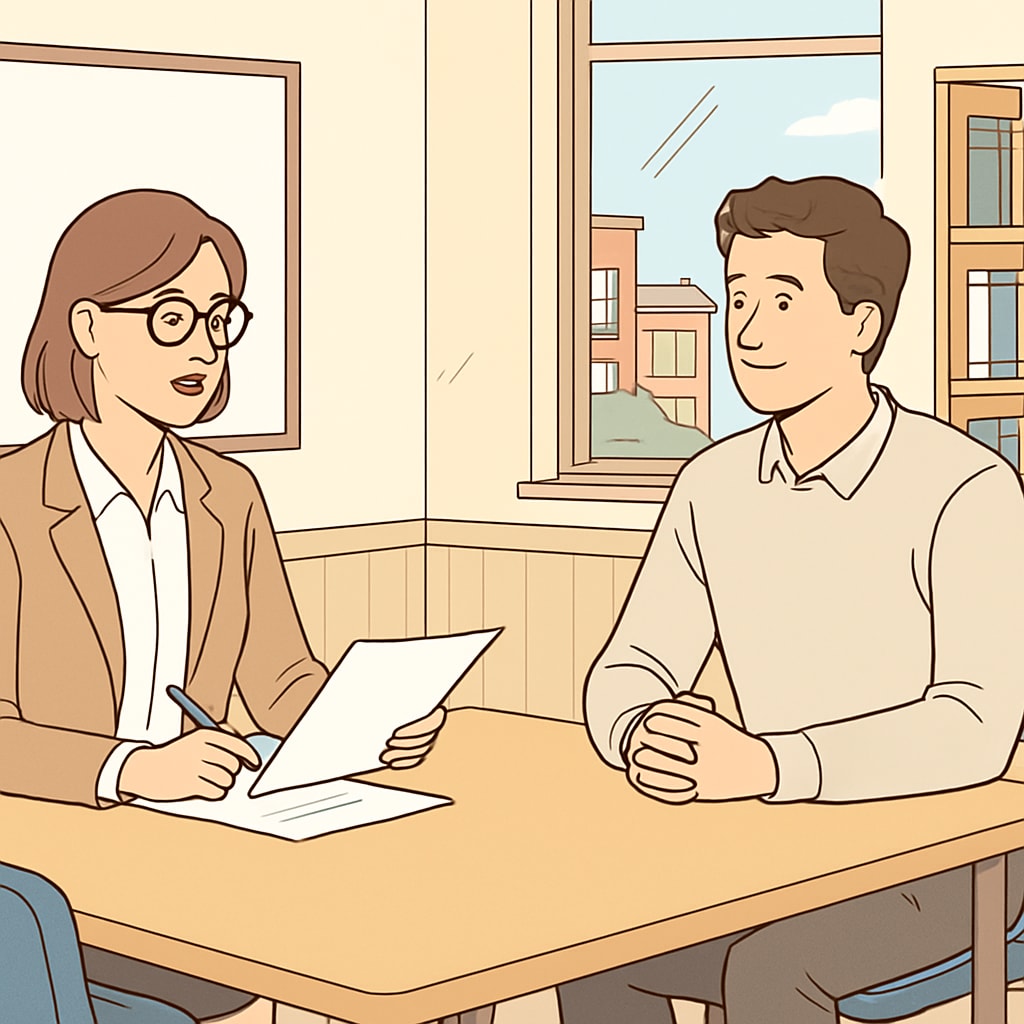 A professional HR consultant conducting an interview with a potential teacher in a well-lit school conference room Private school recruitment services business meeting