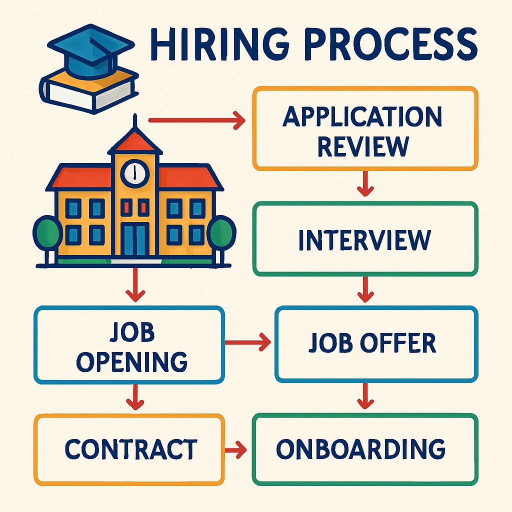 Colorful flowchart illustrating the six-stage hiring process for private educational institutions Recruitment process infographic for private schools