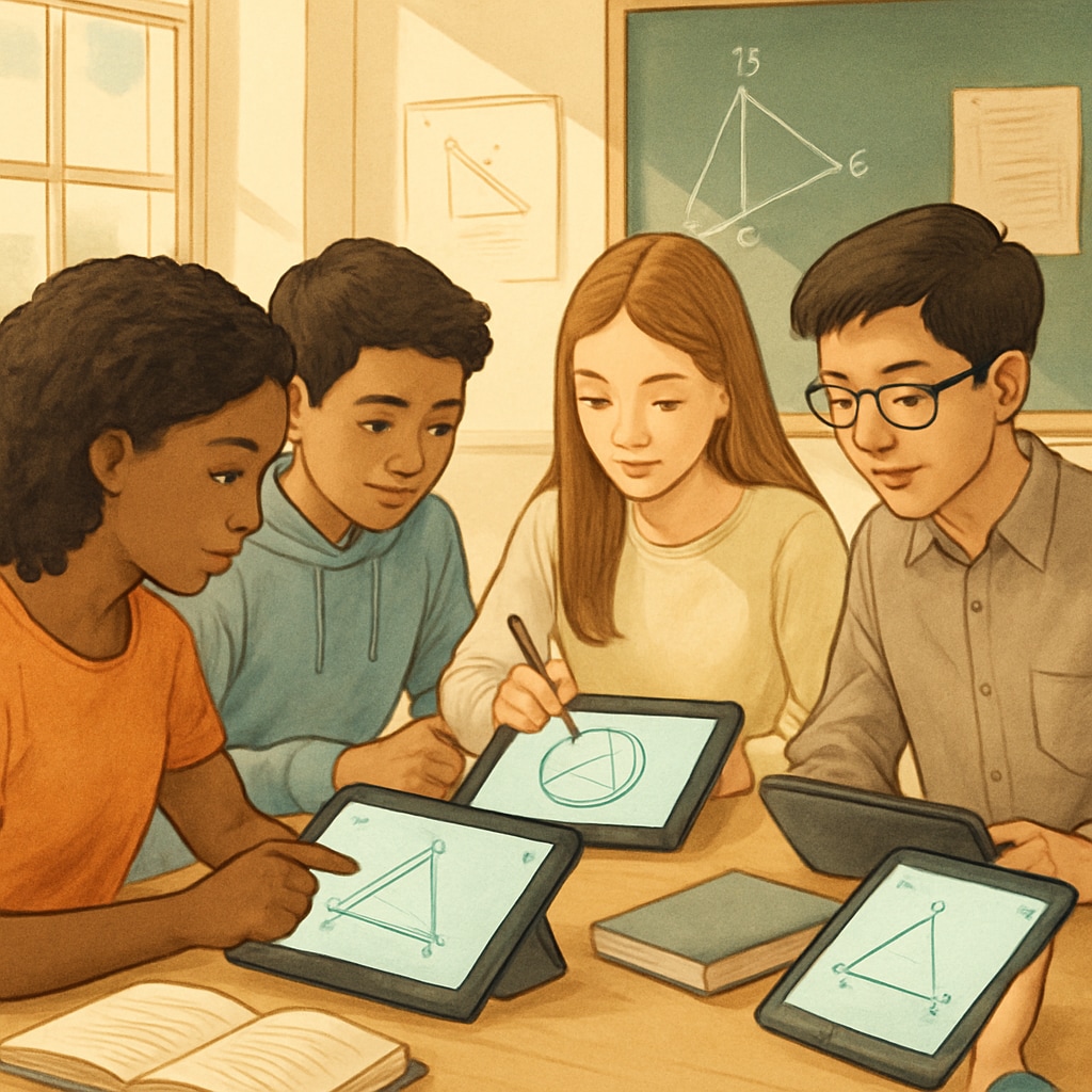 Diverse group of high school students collaborating on geometry problems using digital tablets in a classroom setting Students learning high school geometry through digital tools in U.S. education system