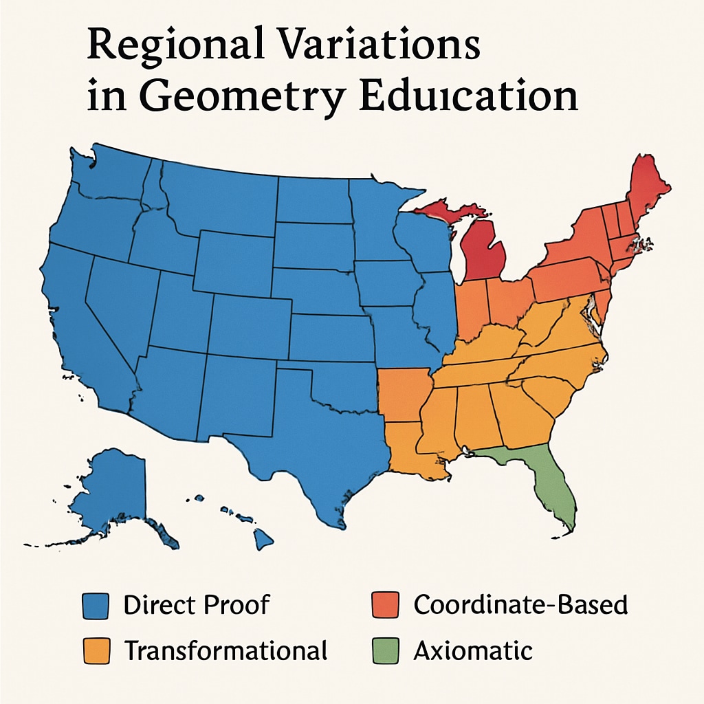 Color-coded map of the United States showing regional variations in geometry education approaches Regional differences in U.S. high school geometry curriculum standards