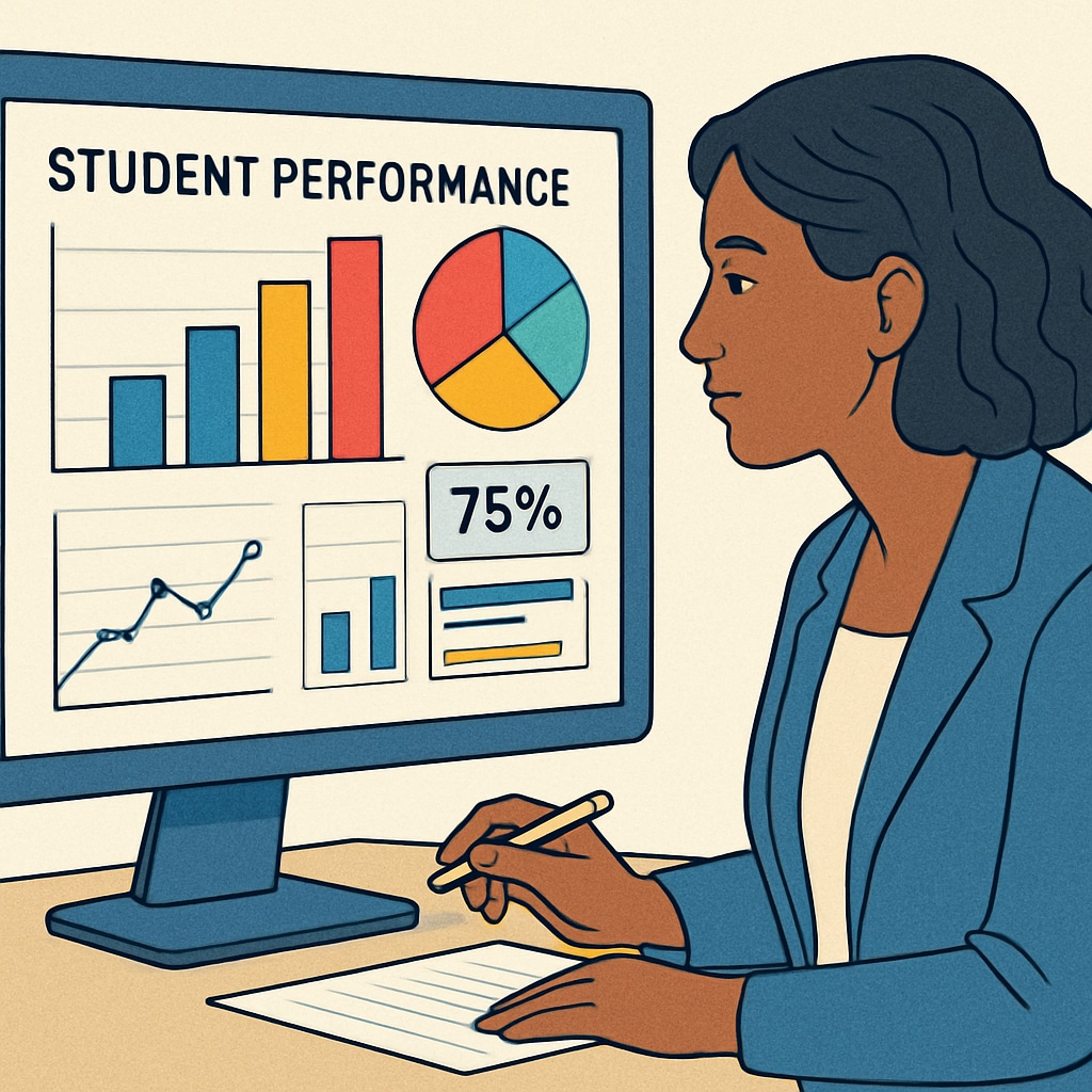 Teacher reviewing deep work tracking analytics in educational setting