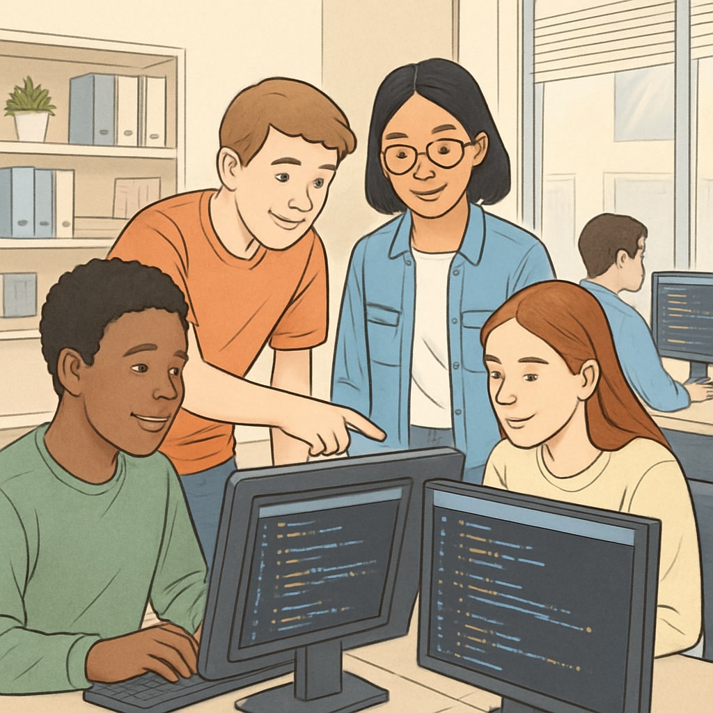 Computer science students working on practical projects