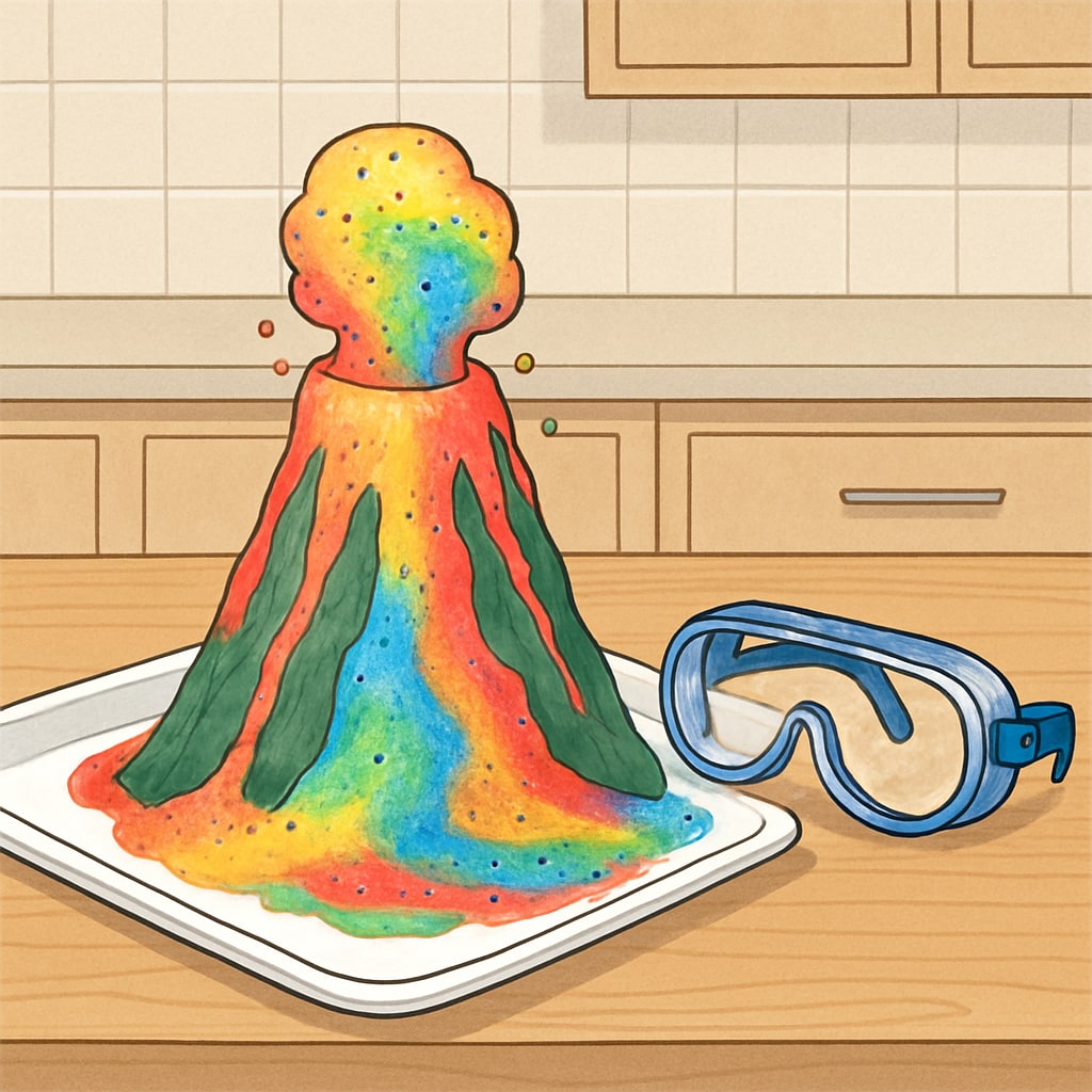 Child conducting safe family science experiments with baking soda volcano