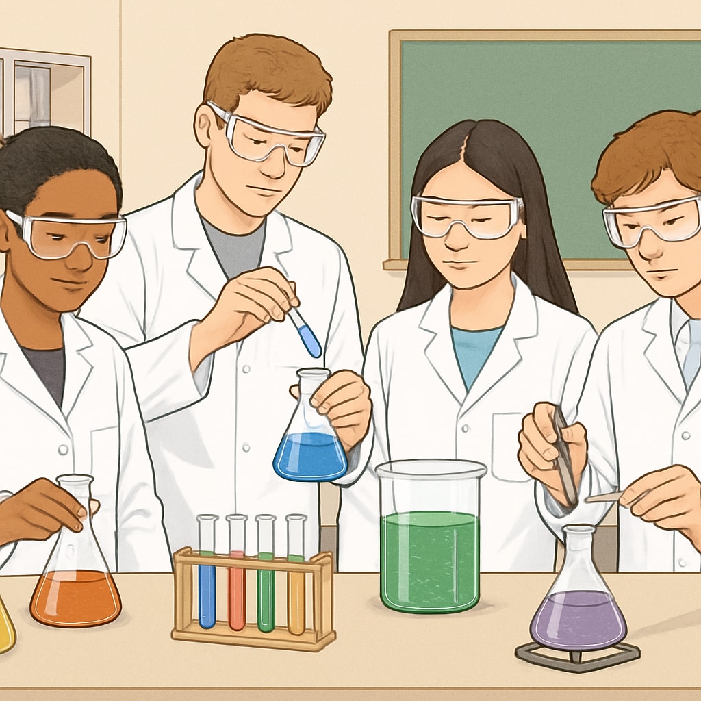 Group of diverse high school students wearing lab coats and safety goggles conducting chemistry experiments with colorful solutions in beakers High school chemistry research project in laboratory setting