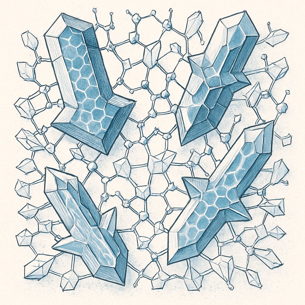 Magnified view of crystalline structures showing molecular patterns in blue and white colors Chemistry research microscopic crystal structures