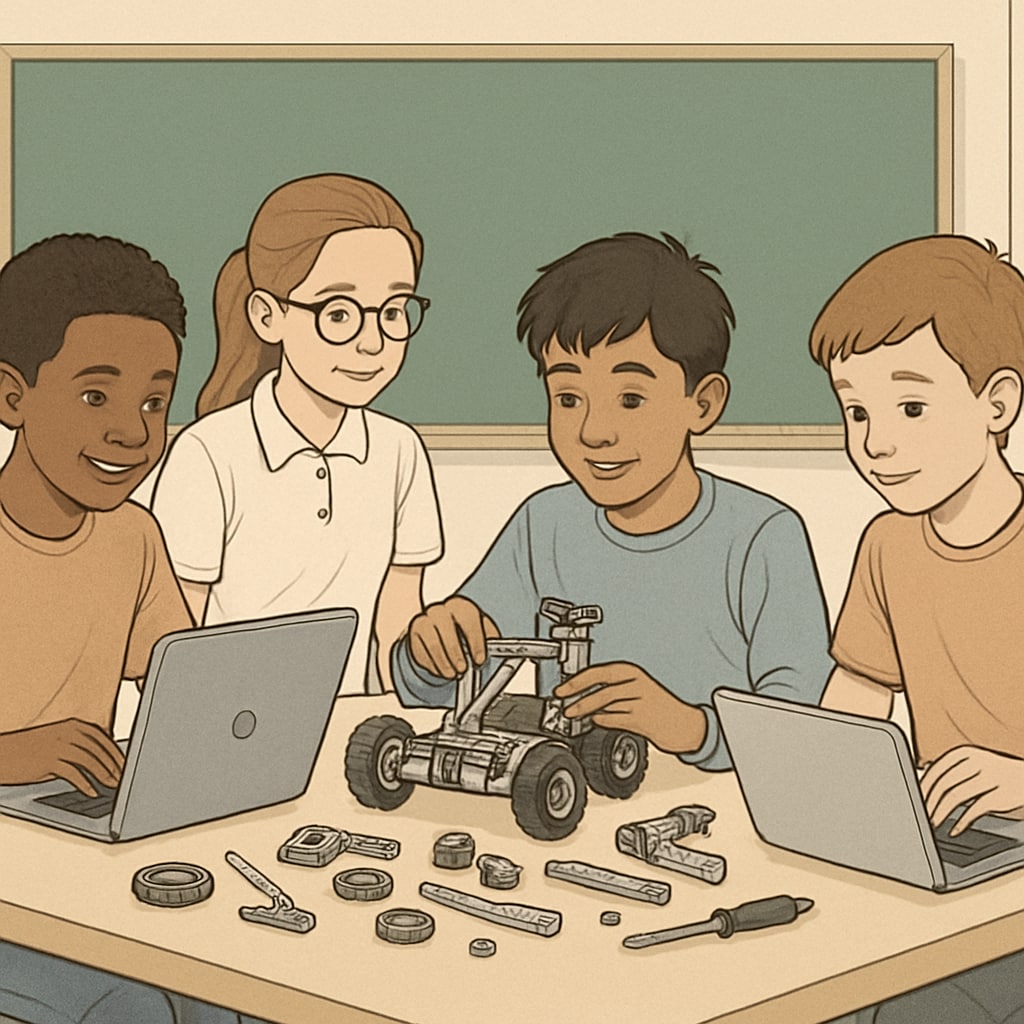 Diverse group of middle school students working together on a robotics project using laptops and mechanical components K12 students developing AI-relevant skills through hands-on project