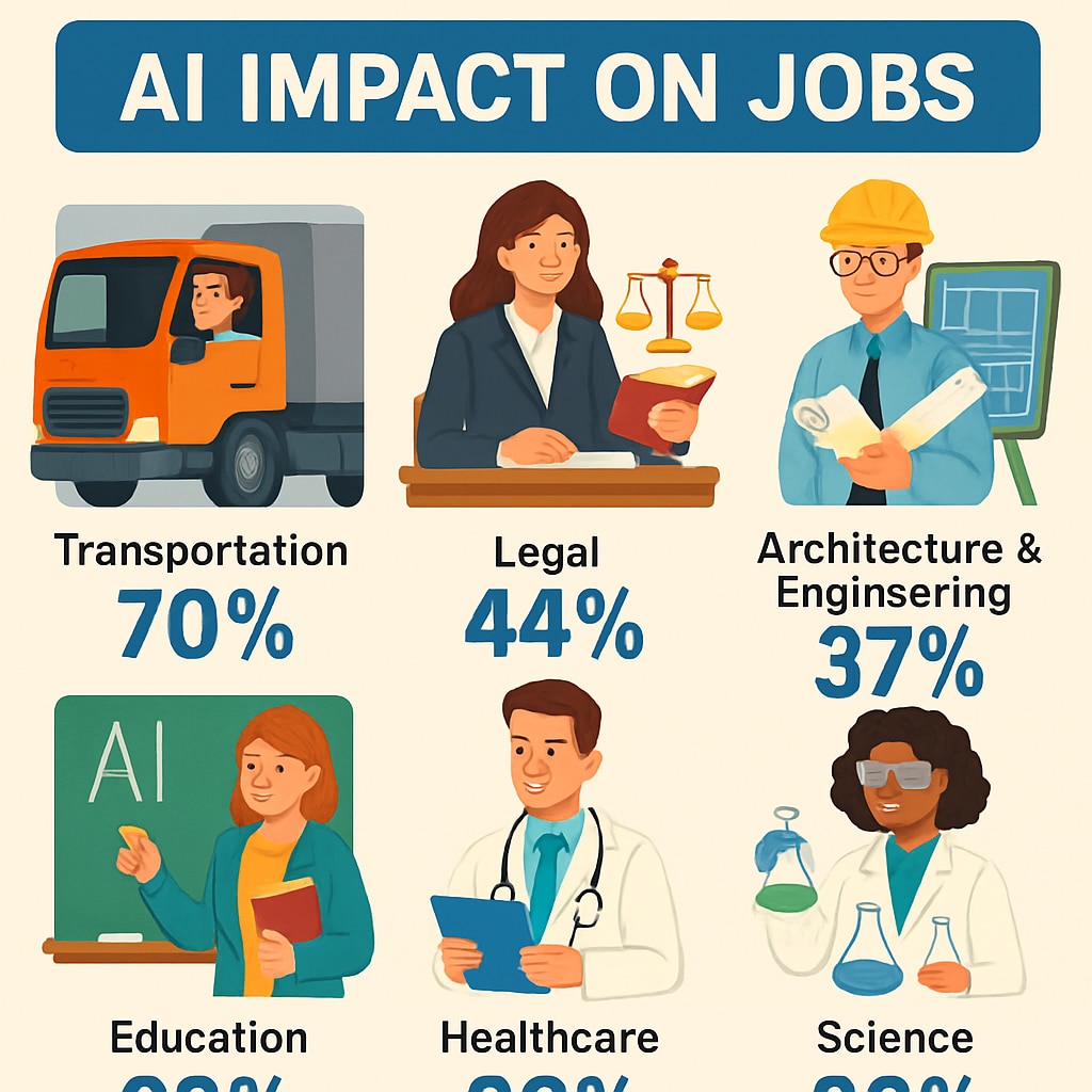 Colorful infographic illustrating how AI impacts various career fields with percentage projections Data visualization of artificial intelligence's effect on future career prospects