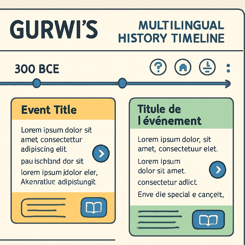 Visual learning tool displaying historical events with multiple language options