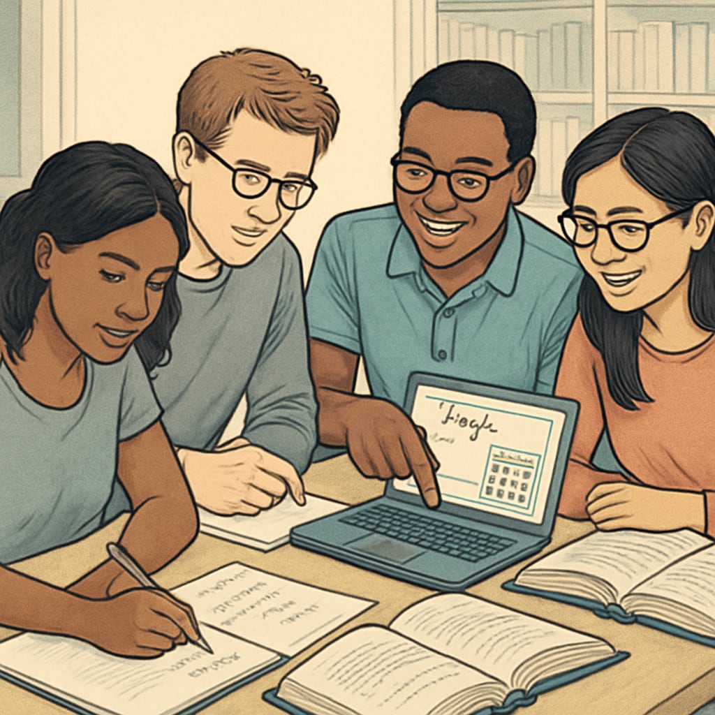 A diverse group of college students working together on math problems at a table with open textbooks and laptops Students preparing for biostatistics math courses