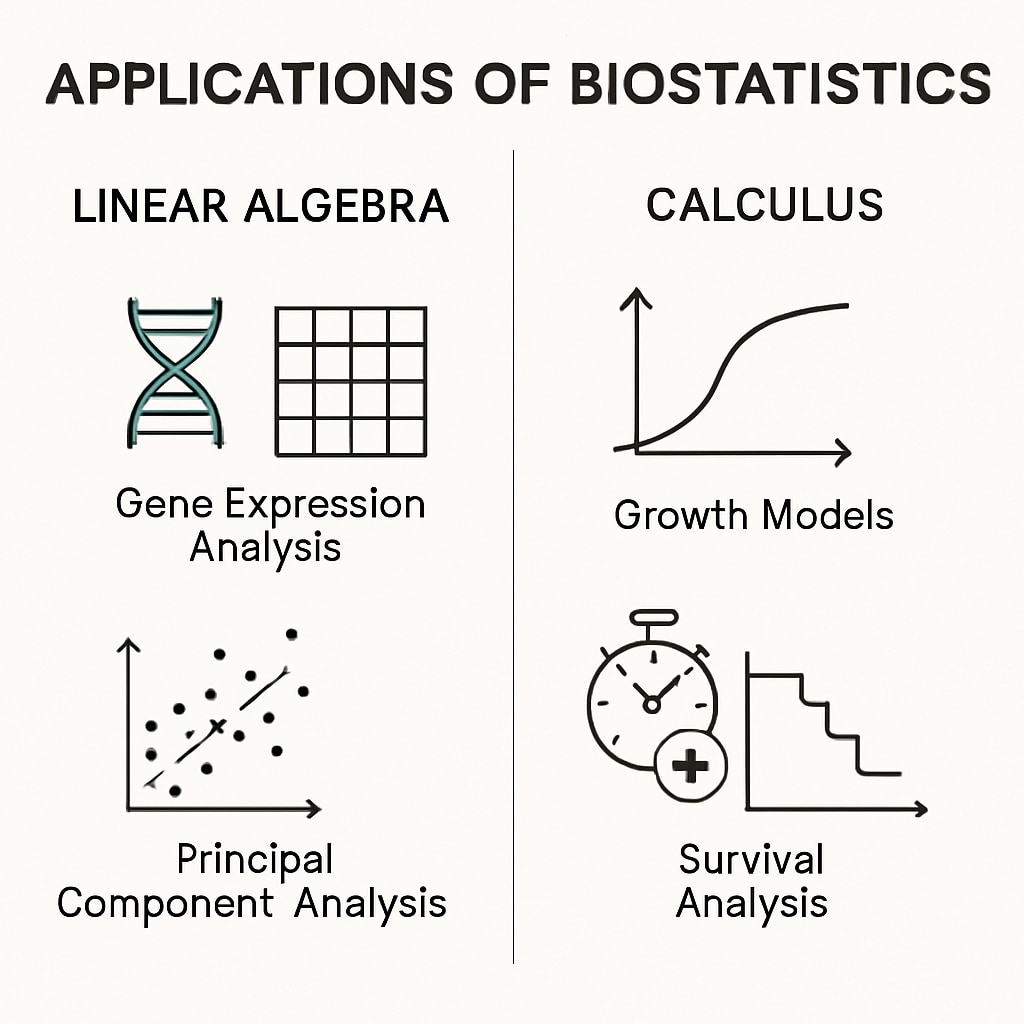An infographic comparing linear algebra and calculus applications in biostatistics with icons and brief text explanations Math course comparison for biostatistics preparation