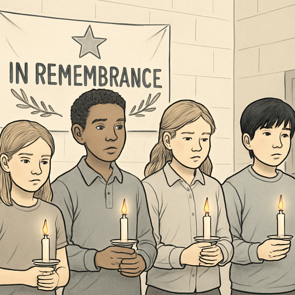 Generalized war memorial ceremony in school illustrating Gaza mourning political avoidance