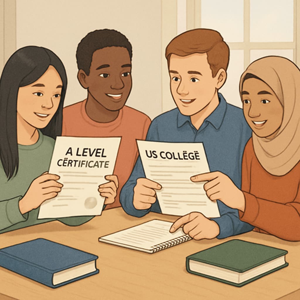 Group of international students comparing A Level certificates with US college acceptance letters A Levels US university admission process visualization