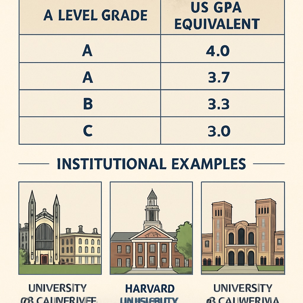 Infographic comparing A Level grades to US GPA equivalents with institutional examples A Level to GPA conversion chart for US universities