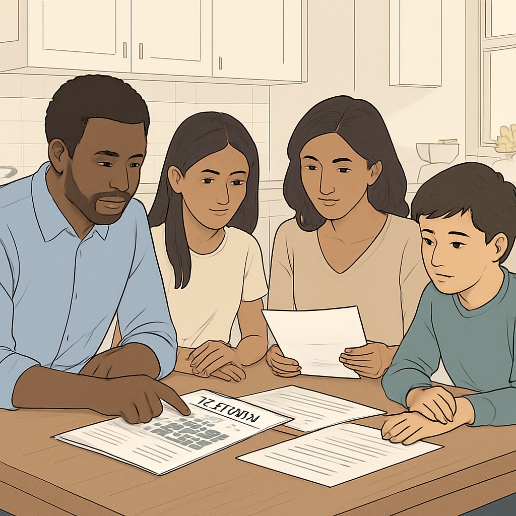 Family discussing school selection between public districts and private education