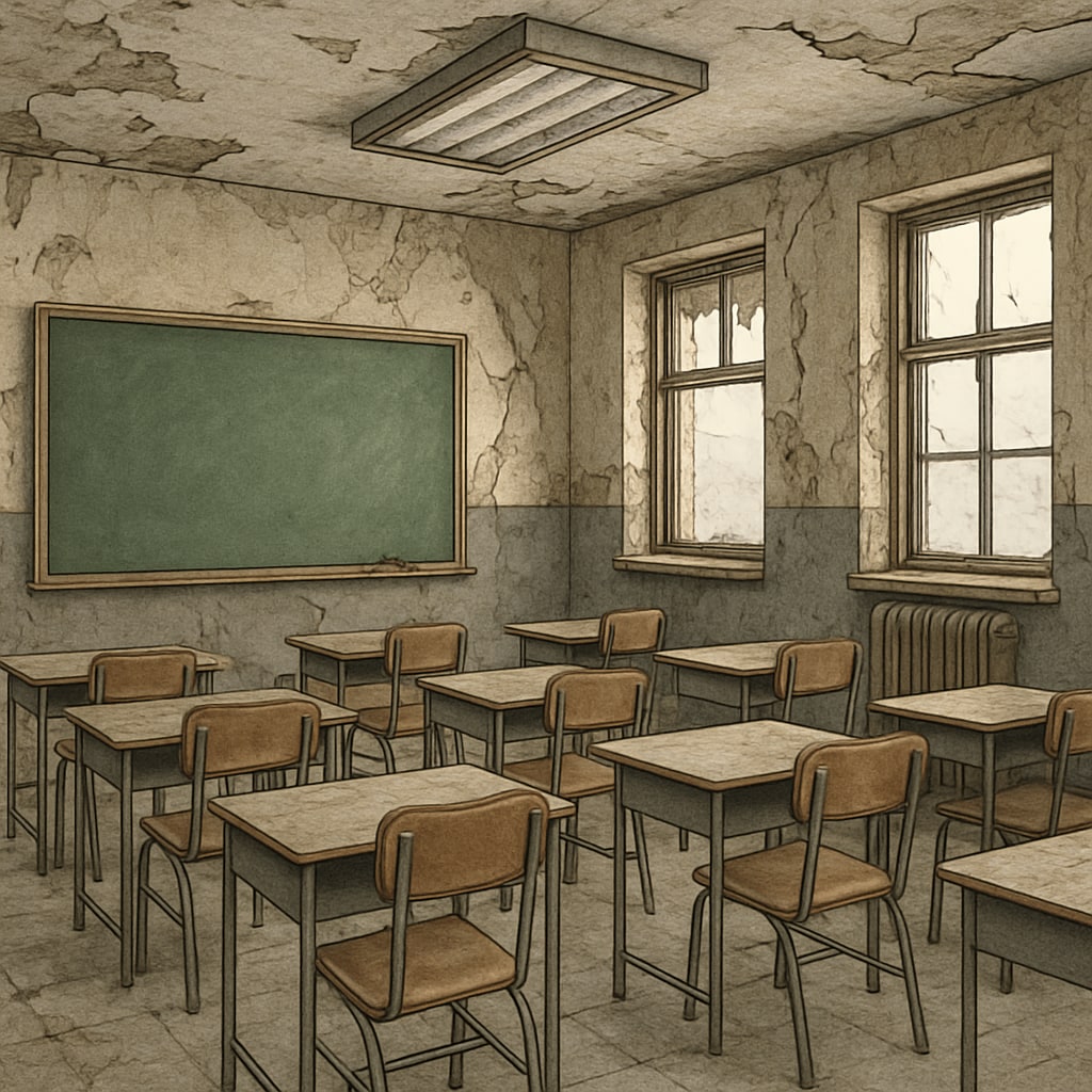 A deteriorating classroom in an urban heat island, showing peeling paint and inadequate ventilation Education inequality in marginalized communities during extreme heat