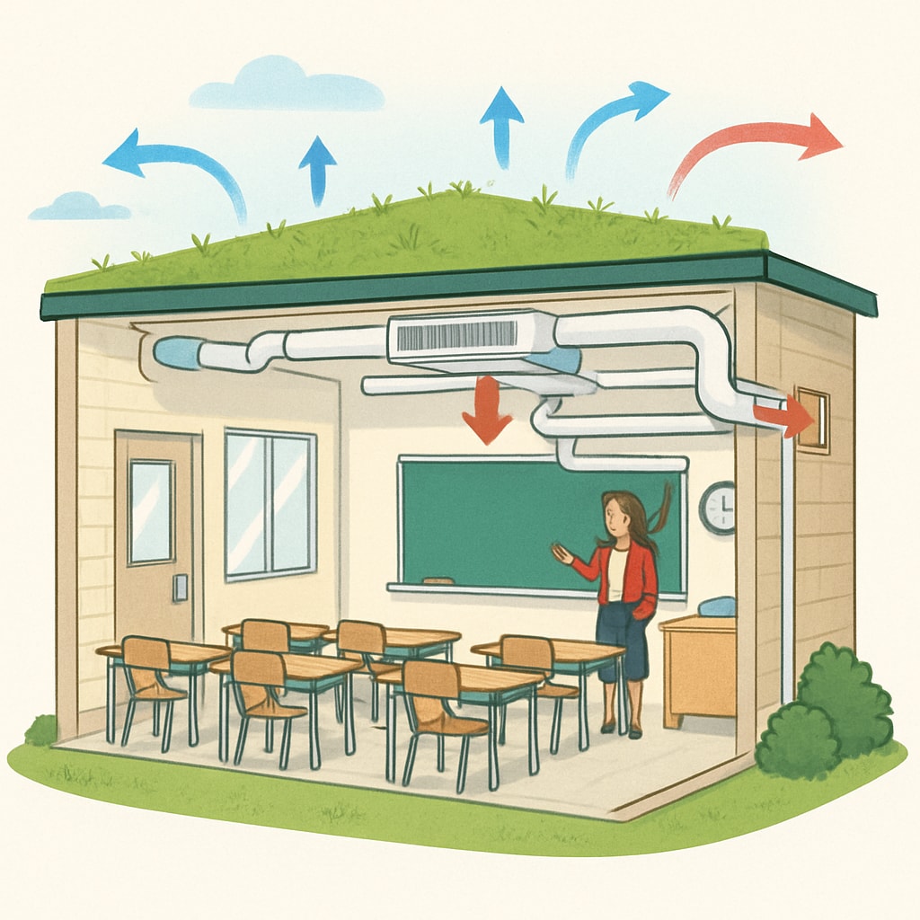 Modern classroom with green roofs and temperature-control features Climate-resilient solutions for education inequality