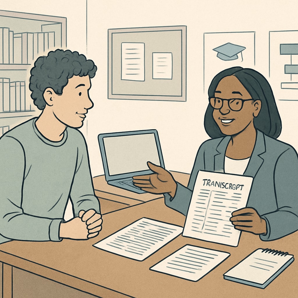 Student discussing college credit transfer with academic counselor