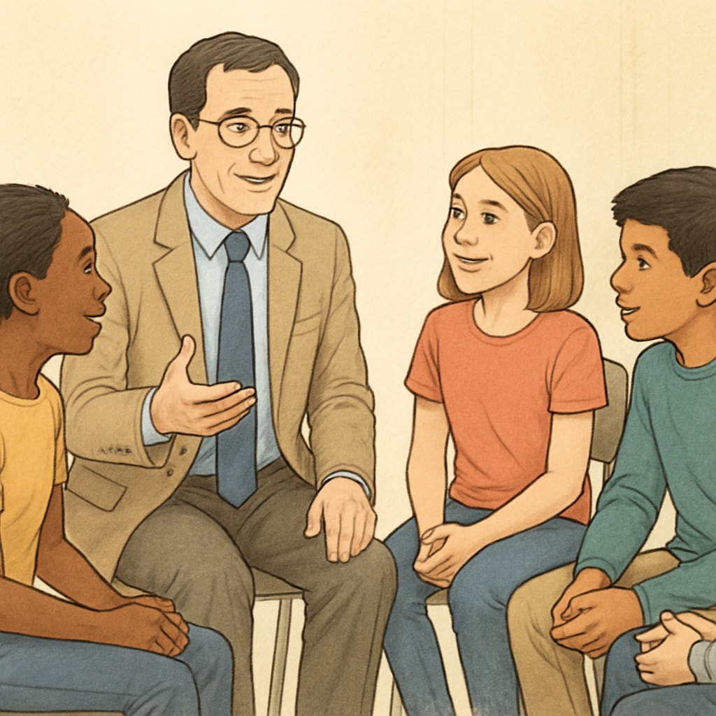 Teacher facilitating cross-class dialogue in educational environment
