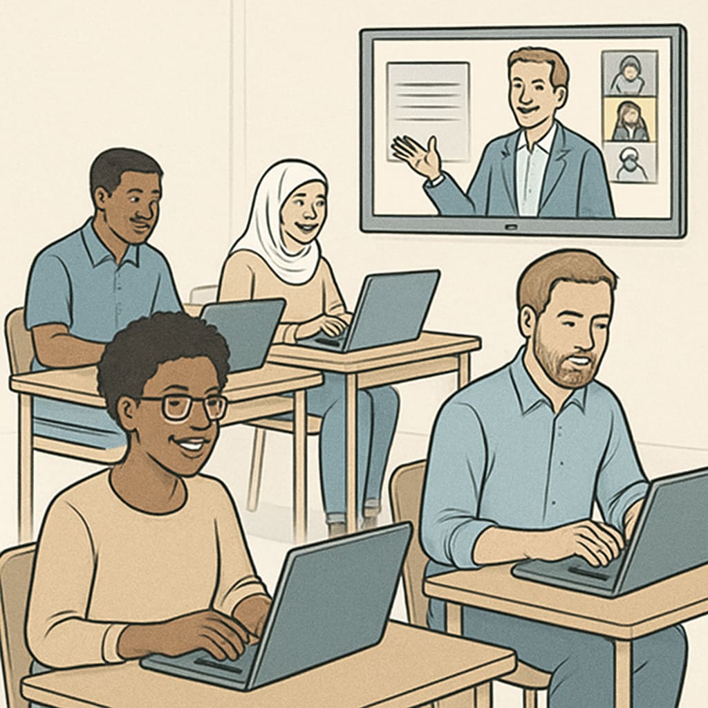 Online GED course students collaborating digitally