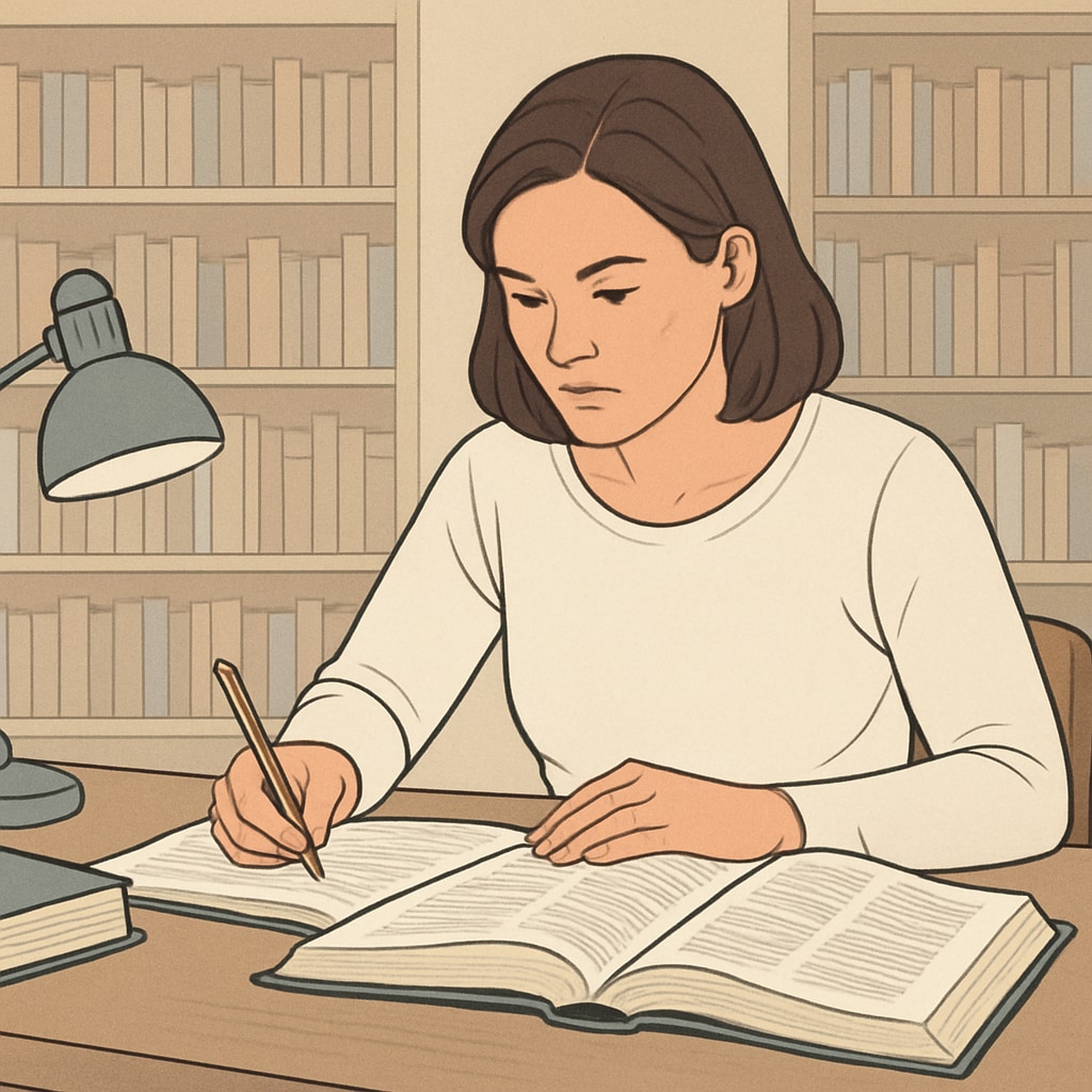 A 35-year-old woman studying at a library with textbooks, highlighting the reality of adult learners Adult learner overcoming 教育中断,重返学习,过去错误 (educational disruption)