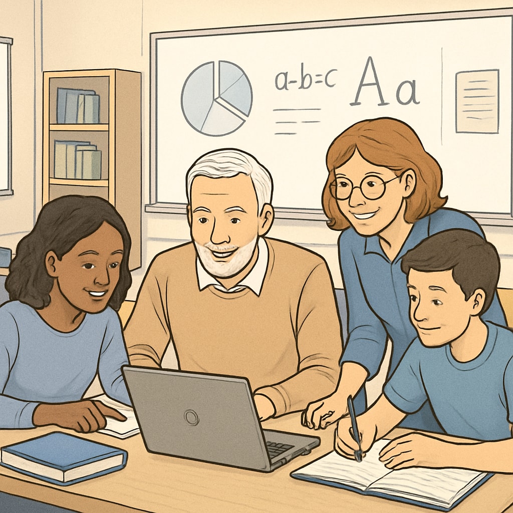Multi-generational students working together on a project in a modern classroom Diverse group addressing 教育中断,重返学习,过去错误 (learning gaps) through collaboration