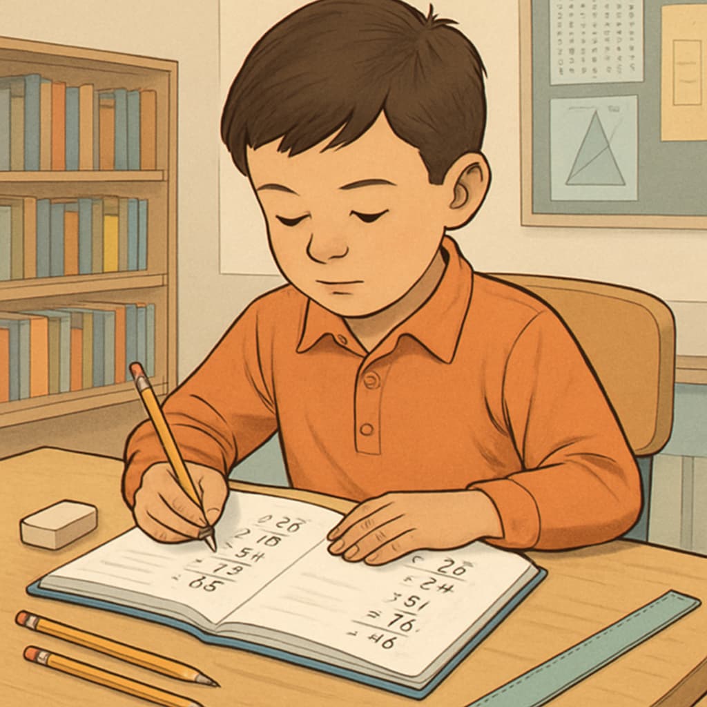 A focused elementary student writing math problems at a well-lit desk Young learner engaged in homework debate topic