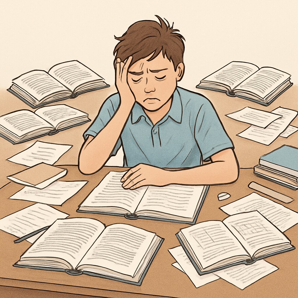 An overwhelmed high school student with multiple open textbooks and papers Stressful aspects of the homework students debate
