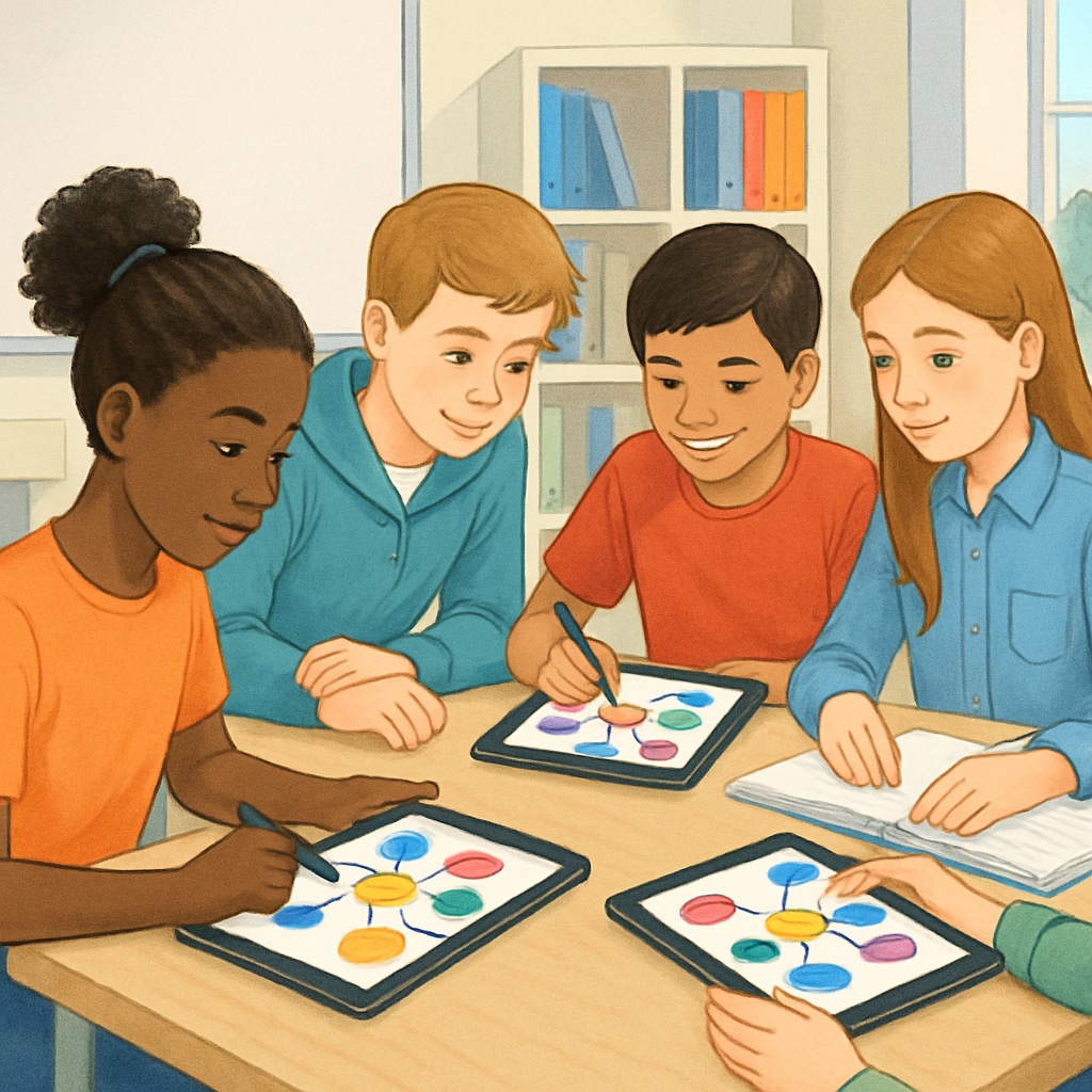 Diverse group of middle school students collaborating on tablets to create colorful mind maps in a modern classroom setting Educational tools for visualization content assisting K12 students