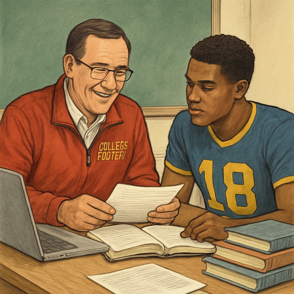 Coach and player discussing academic records