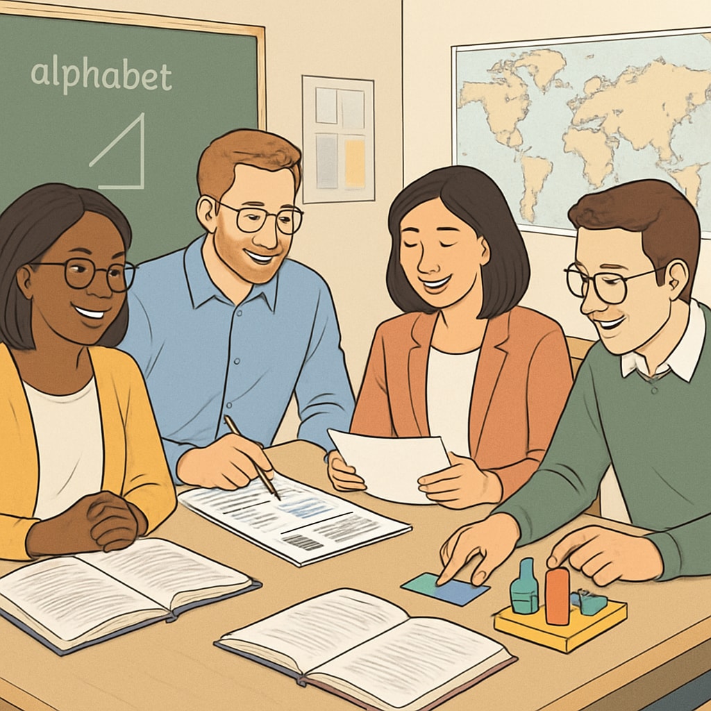 A diverse group of teachers in a private school classroom collaborating around a table with educational materials Private school recruitment solutions for qualified educators