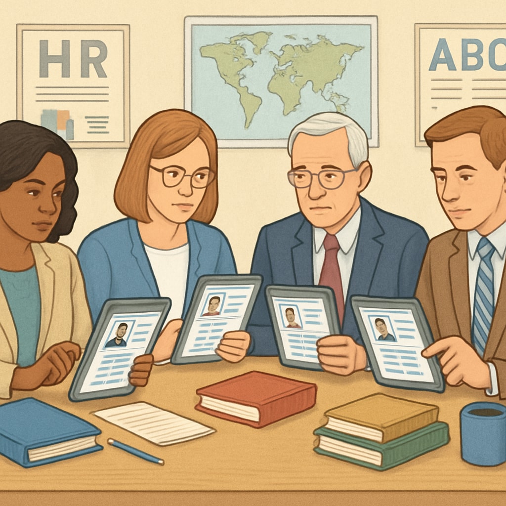 HR specialist and school administrators evaluating digital candidate profiles on tablets Market demand for private school recruitment services