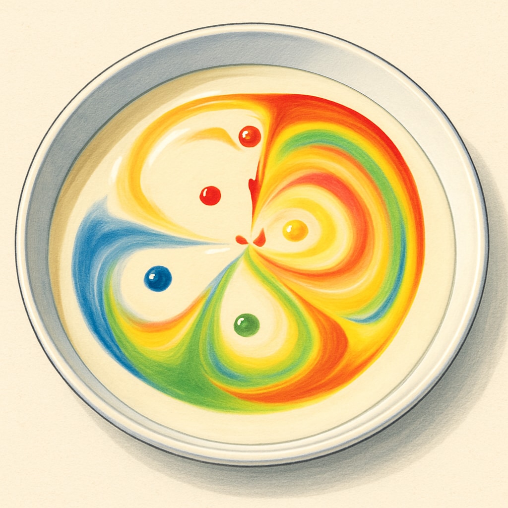 Kids science experiment showing colorful milk swirl patterns