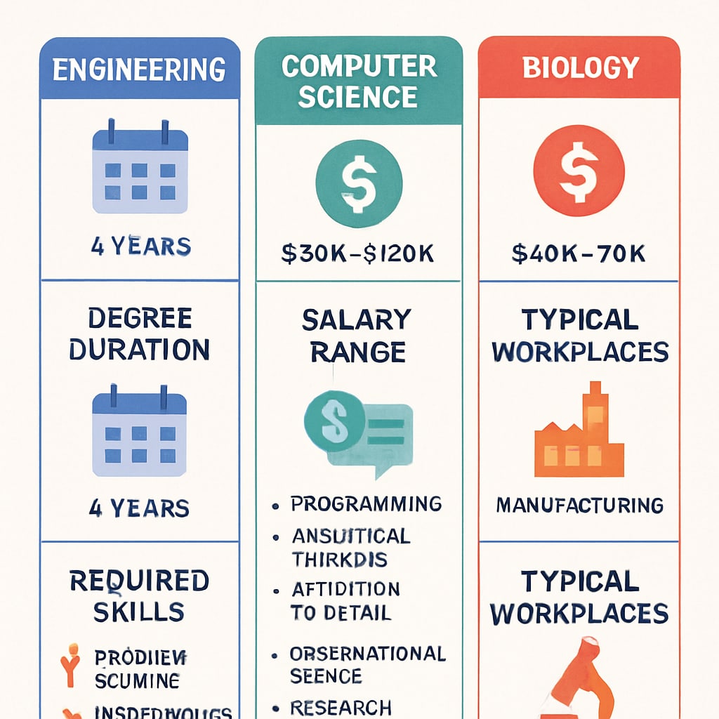 Comparison infographic for computer science vs biomedical engineering vs medical programs
