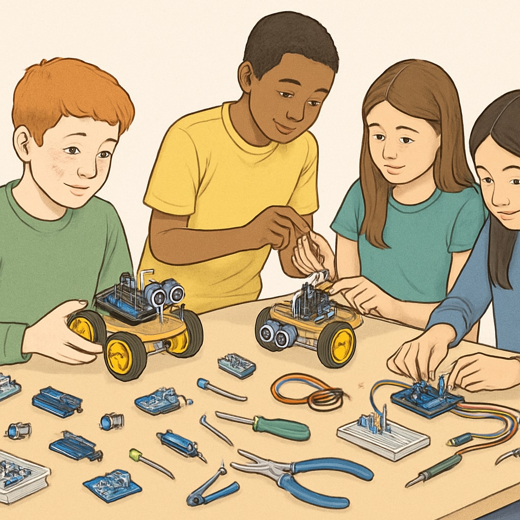 Beginner robotics course students working with microcontrollers and sensors