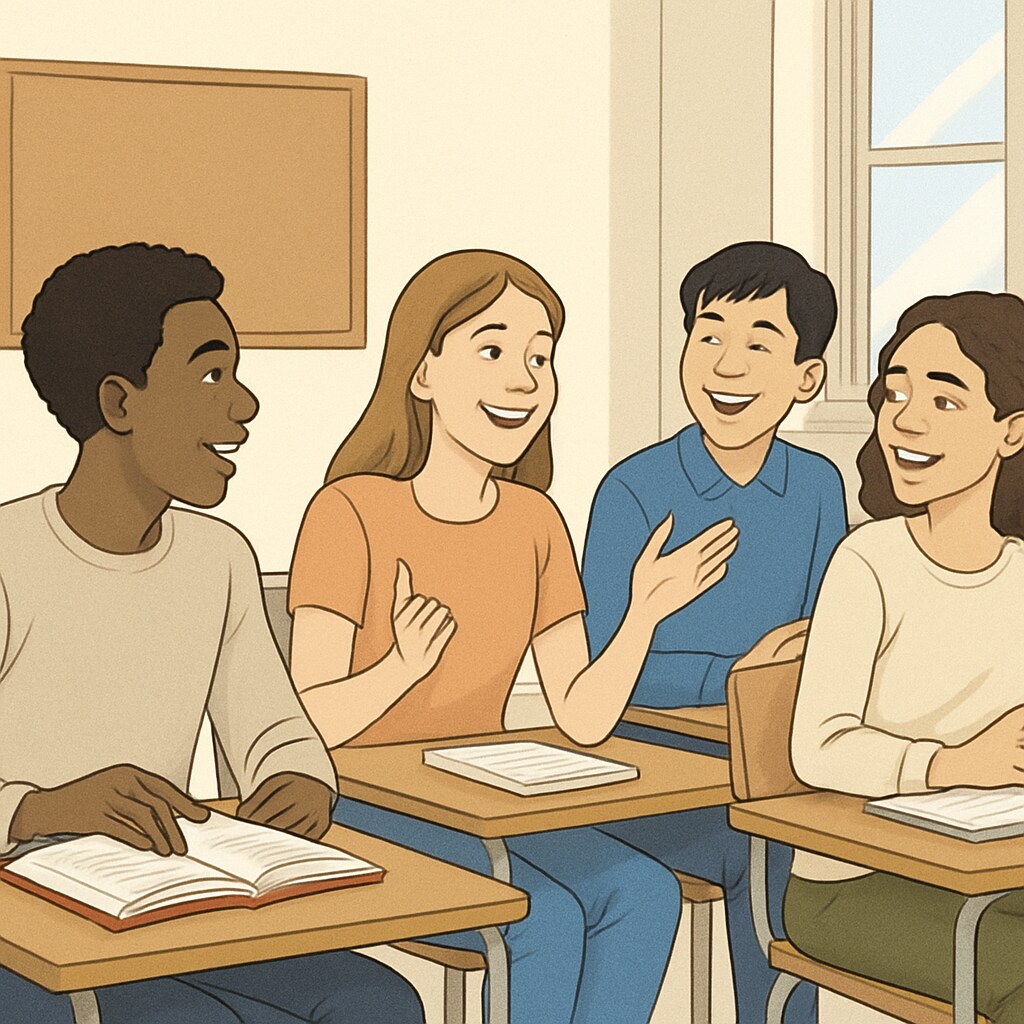 Multiethnic teenagers engaged in lively classroom discussion with smiling expressions Socioeconomically diverse high school students building friendships