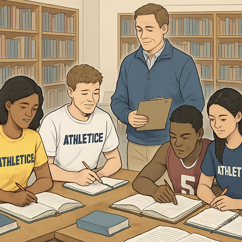 Diverse group of college athletes studying at library tables with a coach observing their work Student-athletes maintaining academic integrity through supervised study sessions