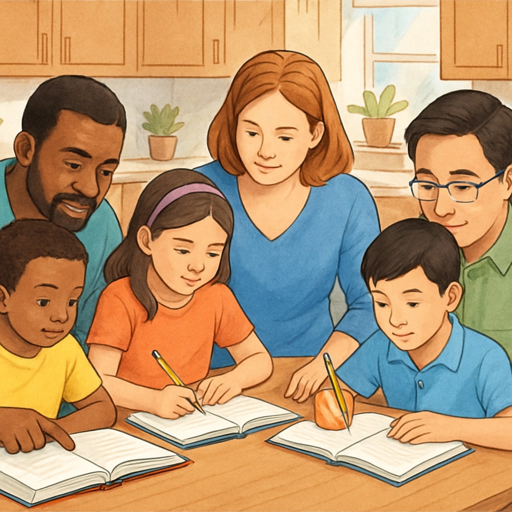 Parents assisting children with schoolwork for child tax credits and academic performance