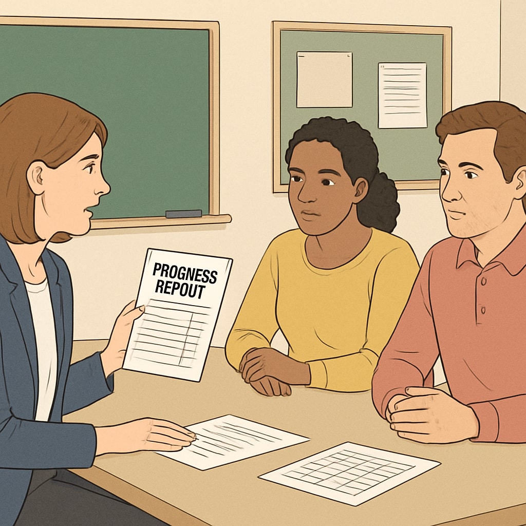 Parent-teacher conference discussing student achievement and tax incentives